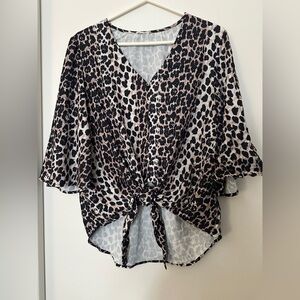 Animal print flowy blouse three quarter 3/4 length wide sleeves front tie